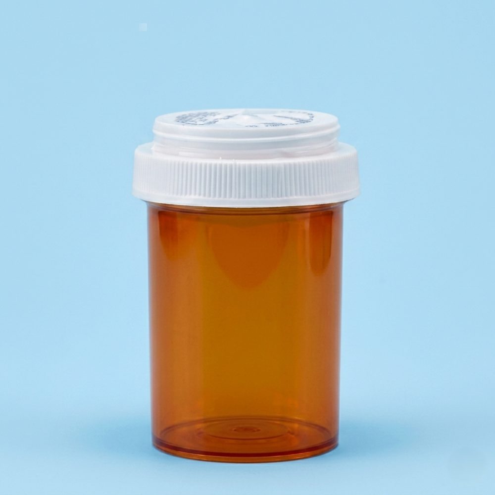 30 dram amber reversible prescription vial with white cap